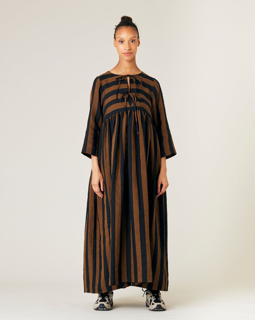 Jumpsuits & Dresses Beyond Nine | Willow Dress Rust And Black Stripe Linen