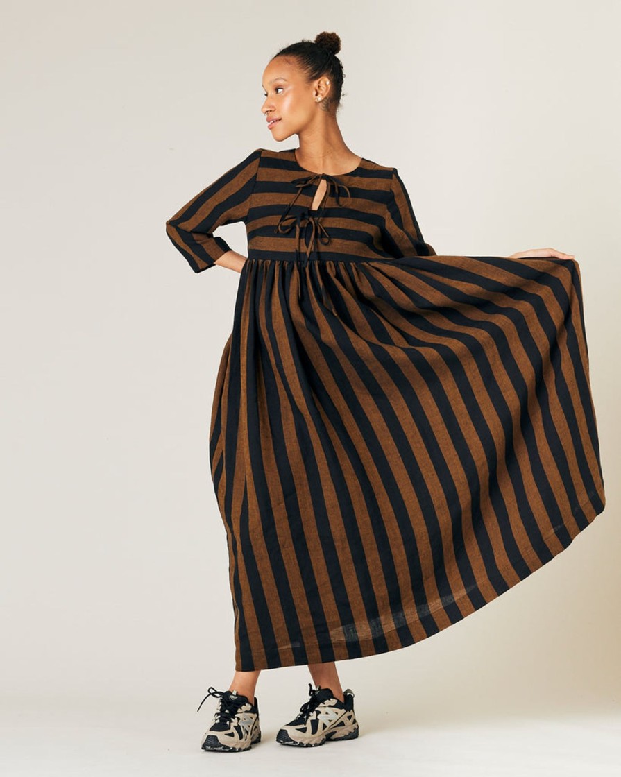 Jumpsuits & Dresses Beyond Nine | Willow Dress Rust And Black Stripe Linen