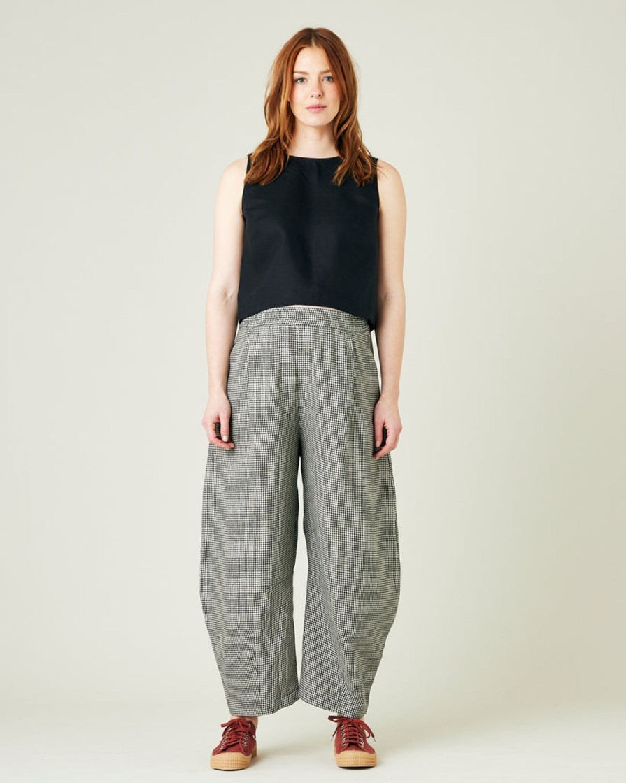 Tops & Bottoms Beyond Nine | Daisy Stone Micro Gingham Linen Trousers Black