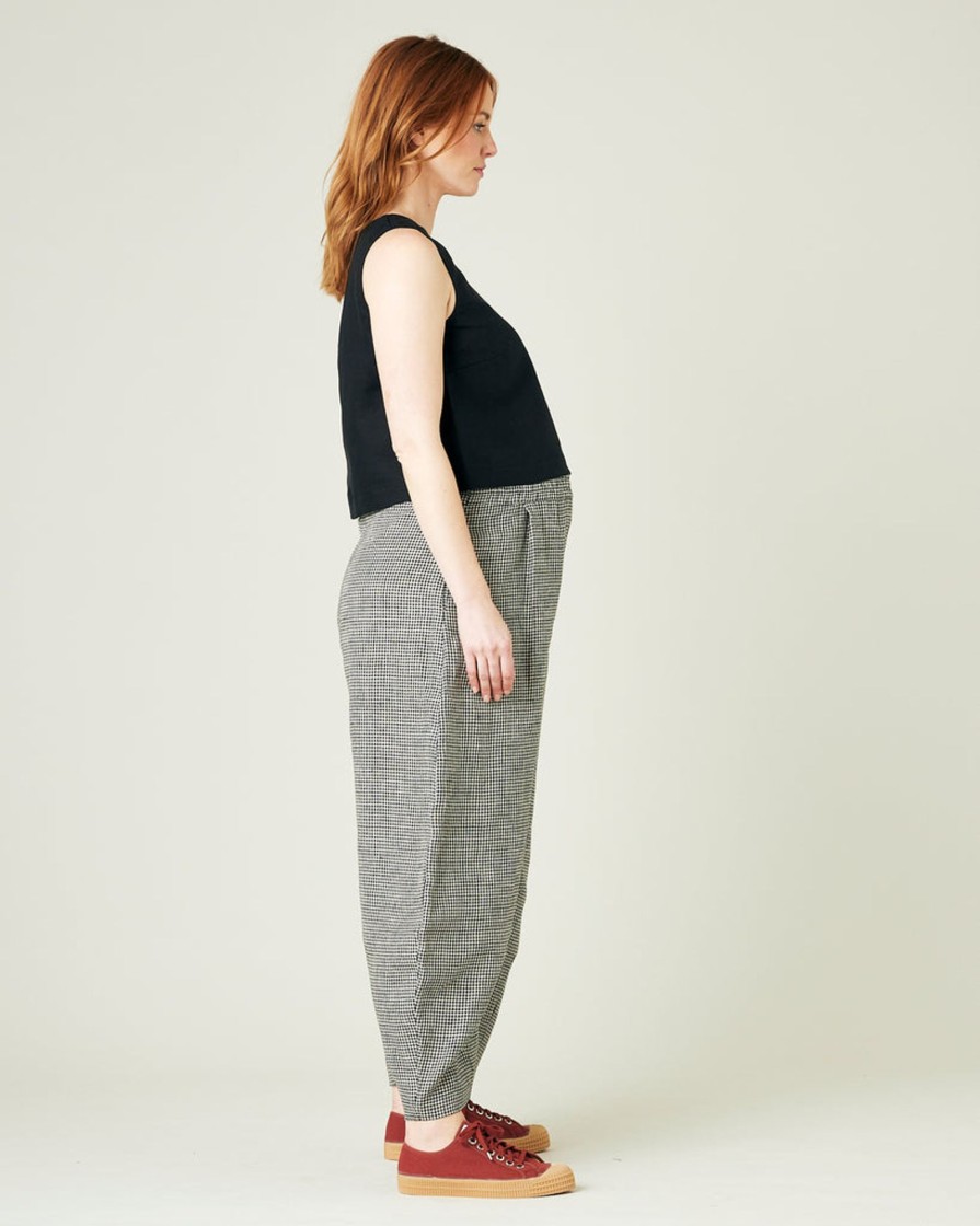 Tops & Bottoms Beyond Nine | Daisy Stone Micro Gingham Linen Trousers Black  — Maternsclothes