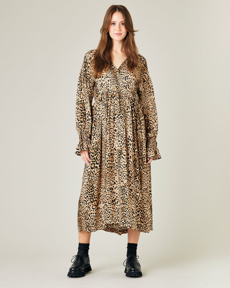 Jumpsuits & Dresses Beyond Nine | Finley Cupro Wrap Dress Leopard Print