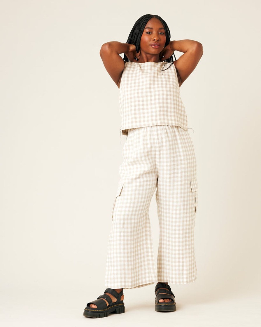 Tops & Bottoms Beyond Nine | Orla Wide Leg Linen Trousers Natural Gingham