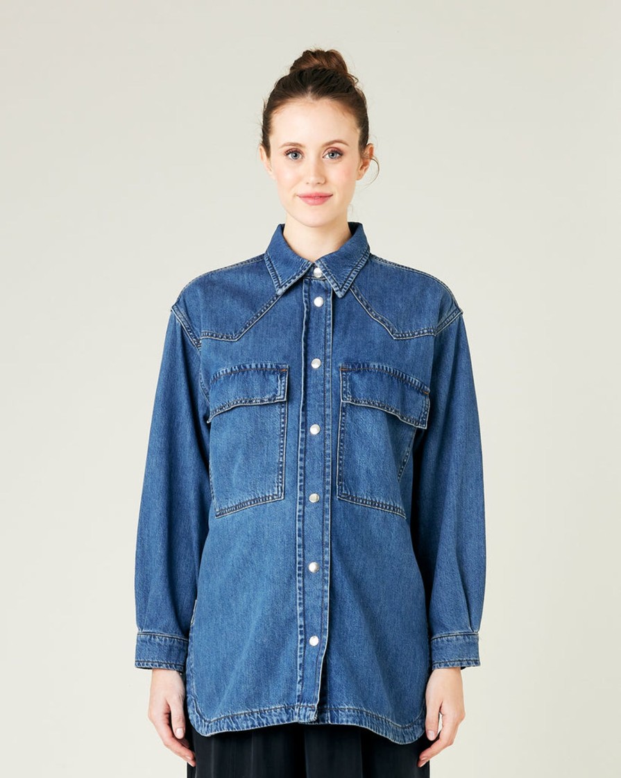 Tops & Bottoms Beyond Nine | Moxie Mid Blue Wash Denim Shirt