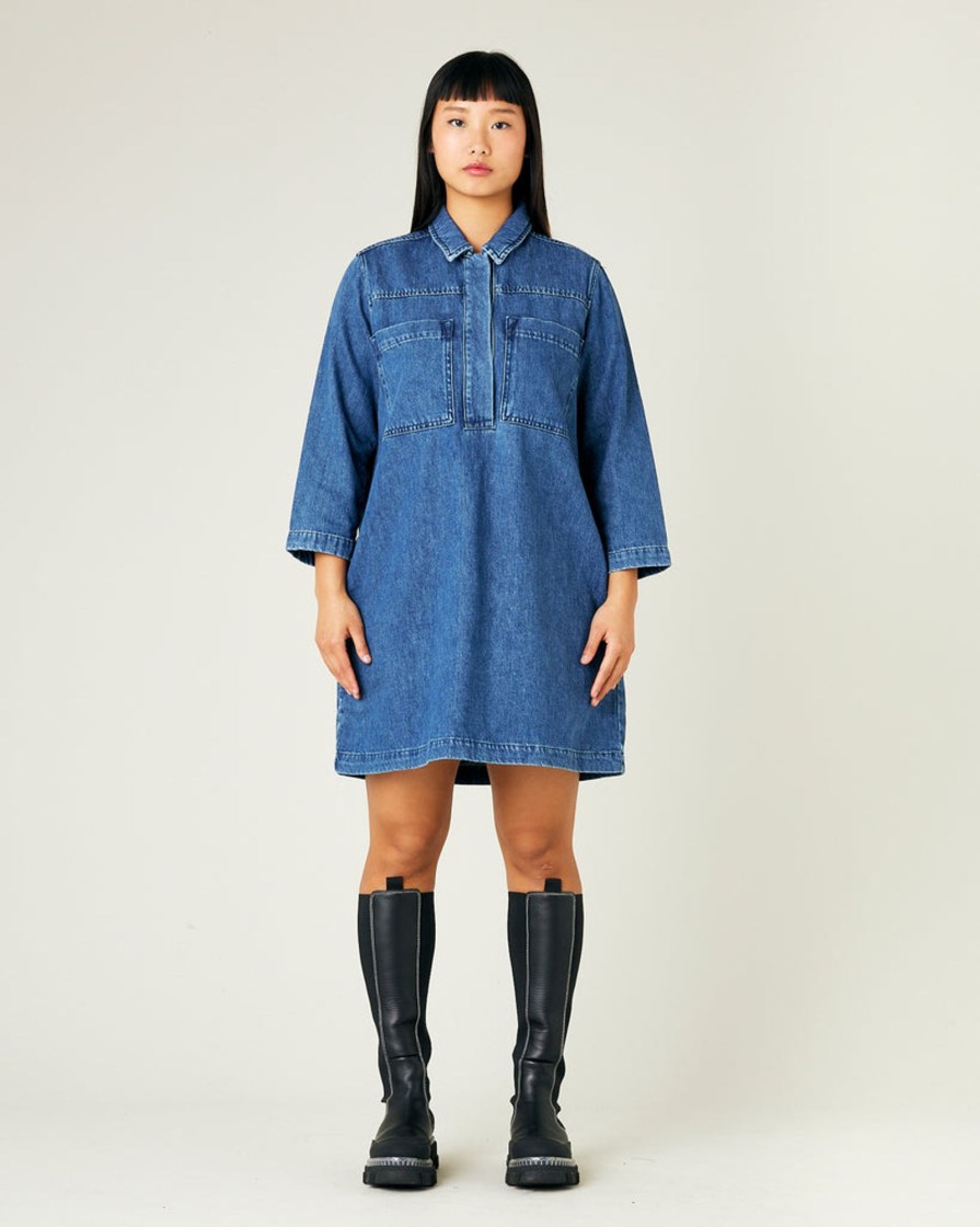 Jumpsuits & Dresses Beyond Nine | Drew Mid Blue Wash Denim Dress Mid Wash